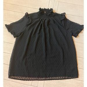 Wishlist Apparel black sheer, lined dot short ruffle sleeve  top. polyester Sz L
